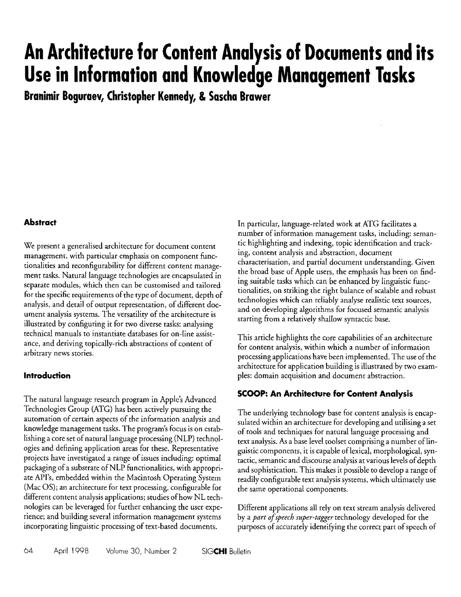 An Architecture for Content Analysis of Documents and its Use in Information and Knowledge Management Tasks