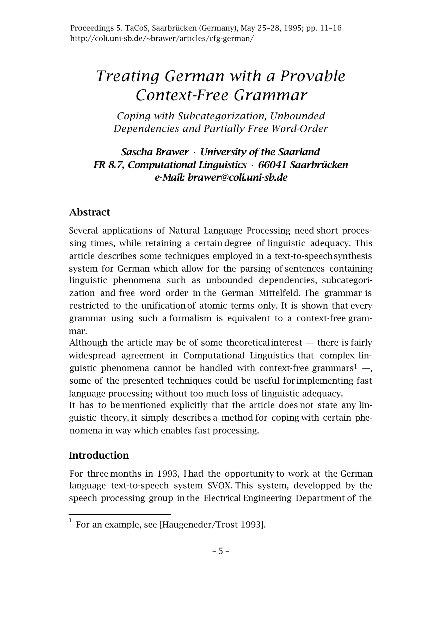 Treating German with a Provably Context-Free Grammar