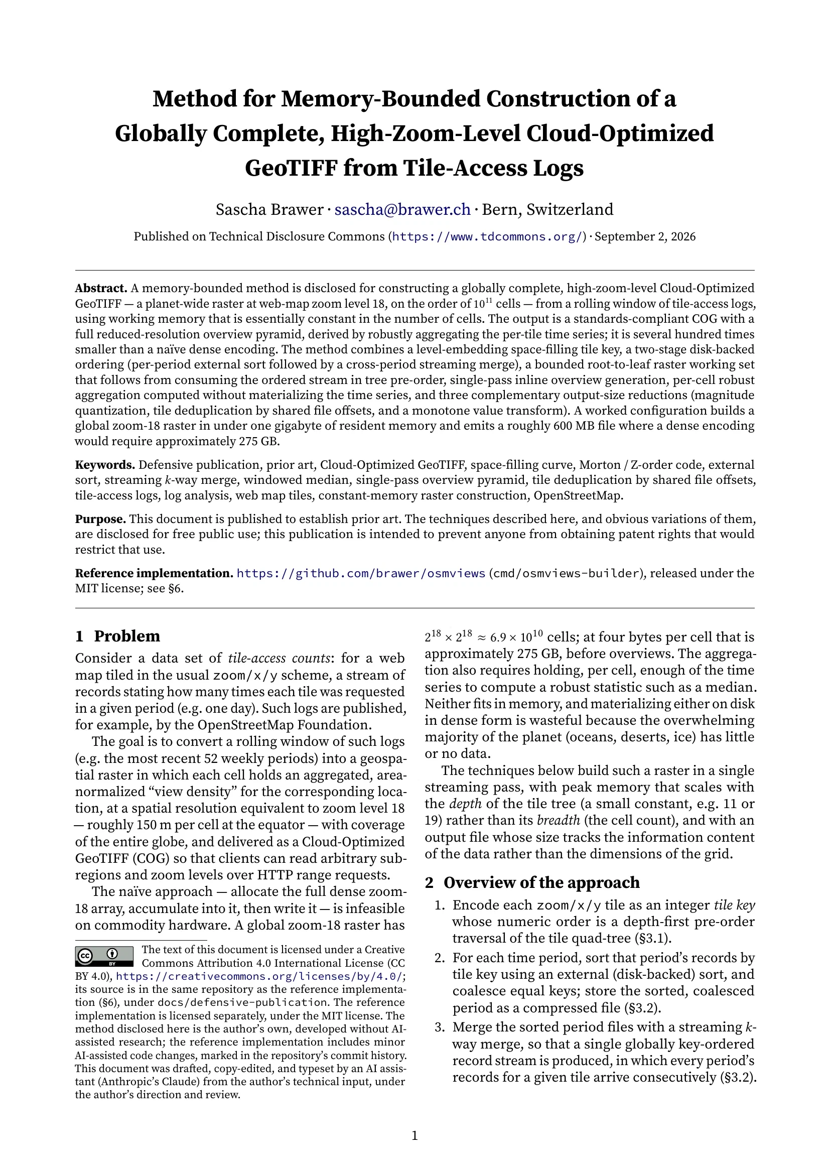 Method for Memory-Bounded Construction of a Globally Complete, High-Zoom-Level Cloud-Optimized GeoTIFF from Tile-Access Logs