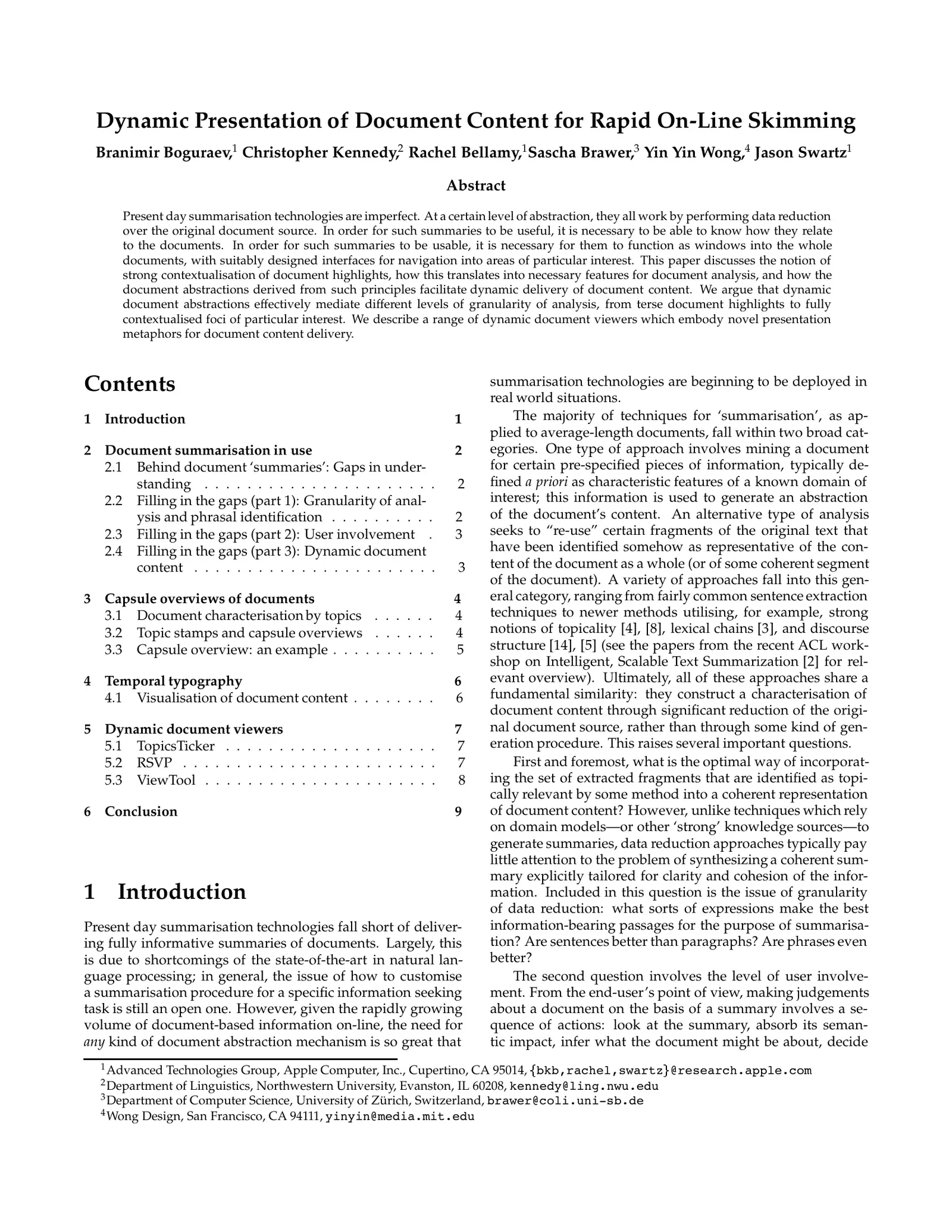 Dynamic Presentation of Document Content for Rapid On-Line Skimming
